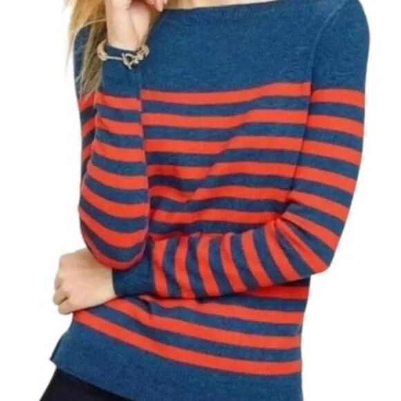 Talbots Boat Neck Blue Orange Striped Merino Wool Sweater Academia Size Medium - Picture 1 of 10